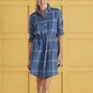 Serena & Lily Blue Plaid Margot Popover Linen Long Sleeve Shirt Dress Large New